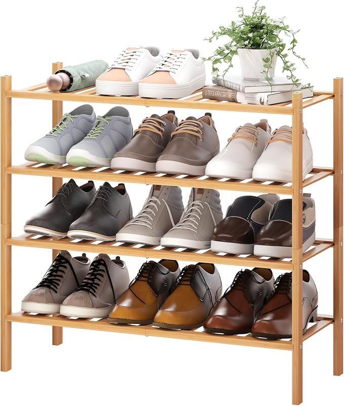 BMOSU 4-Tier Bamboo Shoe Rack Premium Stackable Shoe Shelf Storage Organizer for Hallway Closet Living Room Entryway Organizer (Natural Bamboo)