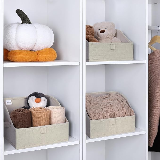 WUIKE, Closet Shelf Organizer, Purse Storage, 3-Pack, Large, Linen Beige | Trapezoid Organizing Bins, Fabric Storage Baskets with Handles, Foldable Storage Bins for Clothes and Blankets