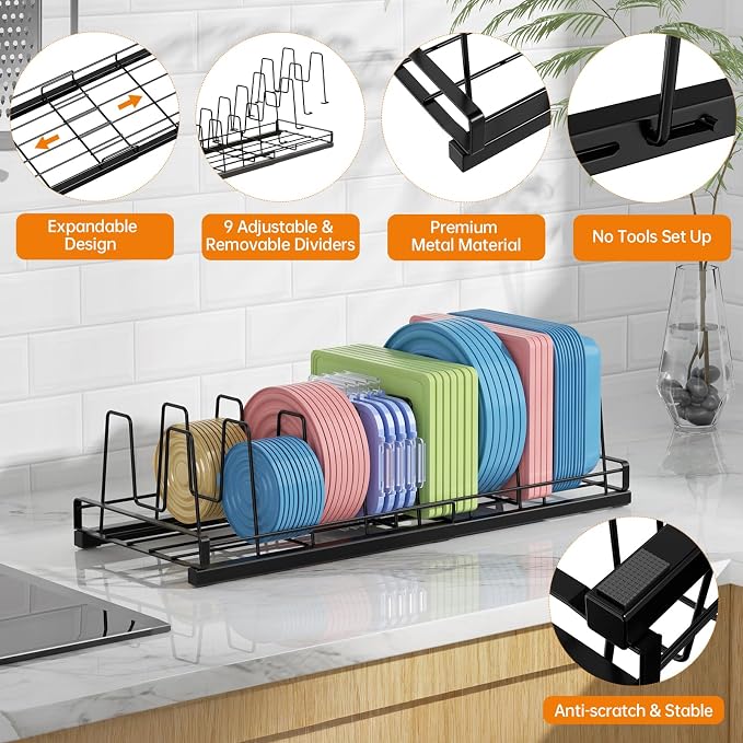 Expandable Food Container Lid Organizer(13"-21") with 9 Adjustable Dividers | Metal, Large Capacity Detachable Lid Organizer Rack, Pads Prevent Sliding for Kitchen Cabinet,Cupboard,Pantry Shelves,Drawer
