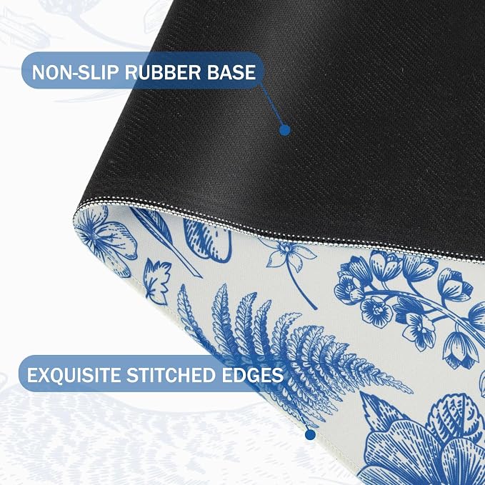 L-SPOUTTO Blue Floral Desk Mat for Keyboard and Mouse,XXL Gaming Mouse Pad | Large 35.4x15.7in Non-Slip Rubber Base Keyboard Pad ,Waterproof Desktop Mat for Laptop Computer Work Home Office