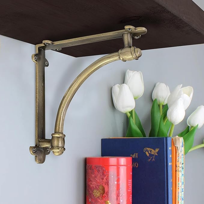 NACH Decorative Shelf Brackets, 2 Pack of 9.6 x 1.7 x 9.6 inch Gold Brackets - Cast Iron Shelf Brackets for Mounting - Industrial Style Decorative Brackets