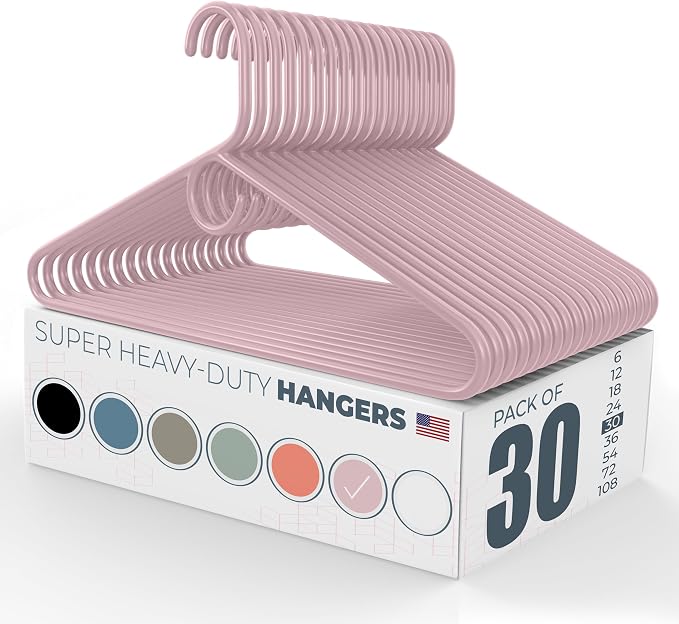 Super Heavy Duty Clothes Hangers 30 Pack – Made in the USA - 10lb Capacity, Thick Plastic Hangers for Pants, Coats, Jackets, Jeans and Adult Clothing – Pink