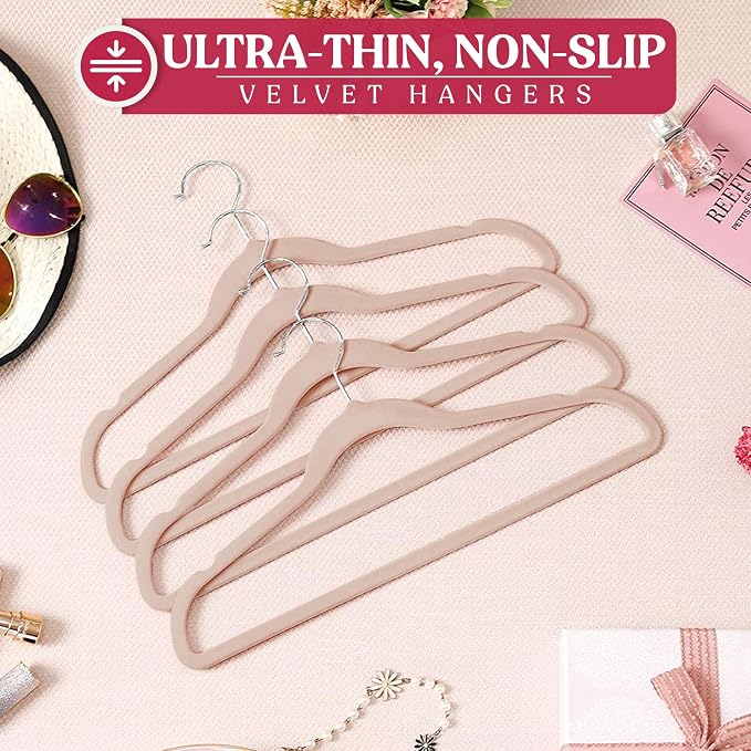 LDC Pink Velvet Hangers 100 Pack - Premium Non-Slip Clothes Coat Pants Felt Hanger for Closet - Heavy Duty Space Saving 360° Swivel Hook Hangars – Pink