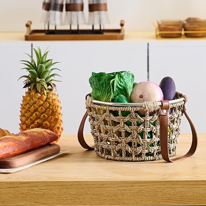 Farmhouse Seagrass Egg Baskets - Handmade Wicker Egg Collecting Basket with Handle