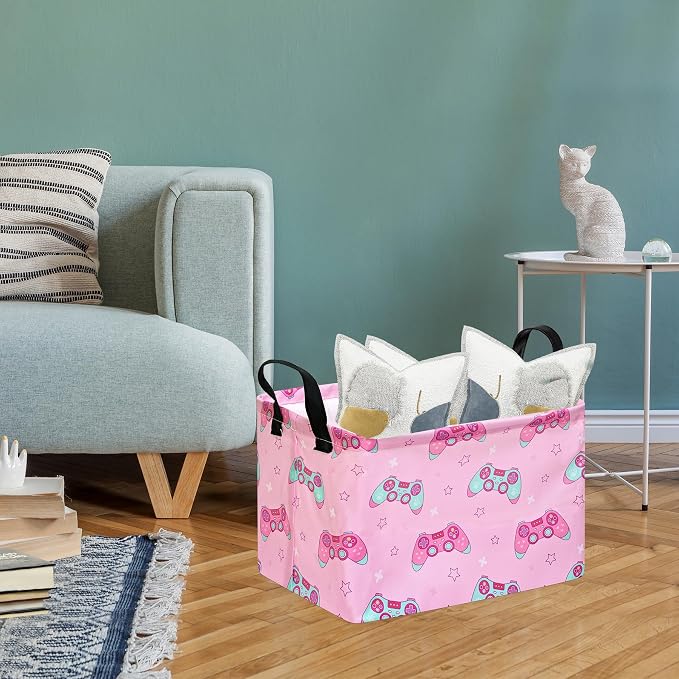 MAIZMZ Girls Storage Basket,Pink Controller Print Kids Hamper,Waterproof Lining, Leather Handles, Collapsible for Gamer Girls, Toys, Clothes, Gift Basket