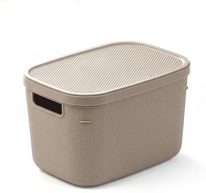 BINO | Plastic Storage Bins with Lids, 5.5 Liter - 3 Pack, Taupe | THE TWILL COLLECTION | Plastic Bins for Organization | Woven Storage Baskets for Organizing | Pantry Shelf Organizer Basket Bin