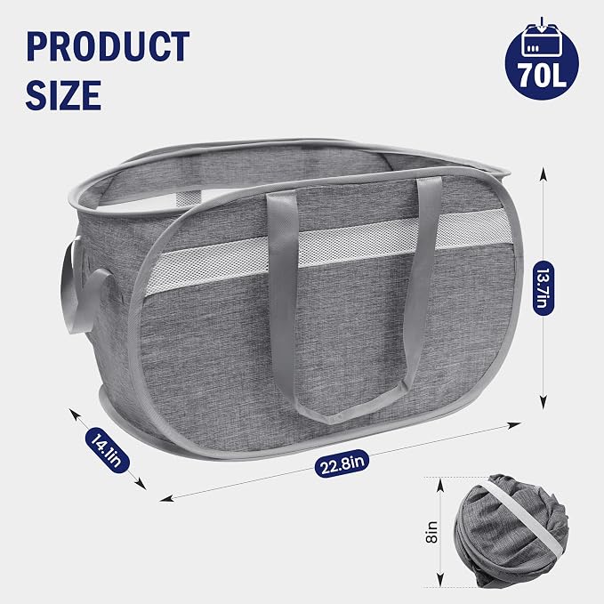 Collapsible Laundry Baskets, Foldable Tear Proof Pop Up Hamper with Reinforced Carry Handles, Durable Laundry Hamper for Home, Laundry, Bathroom, Dorm or Travel (Grey)