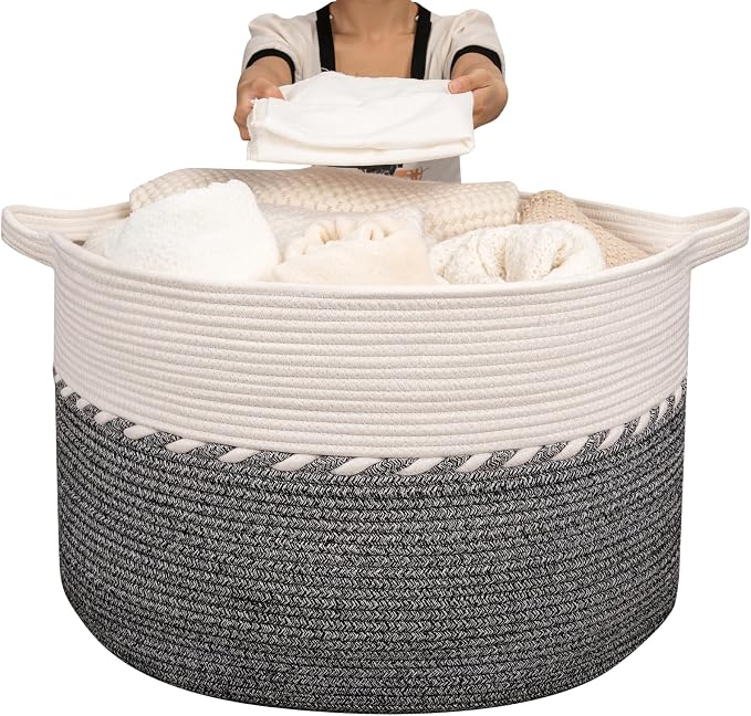 OIAHOMY 125L Extra Large Blanket Basket, 25" x 16", Jumbo Laundry Hamper, Cotton Rope Basket with Handles,Baby Toy Storage Bins,Black