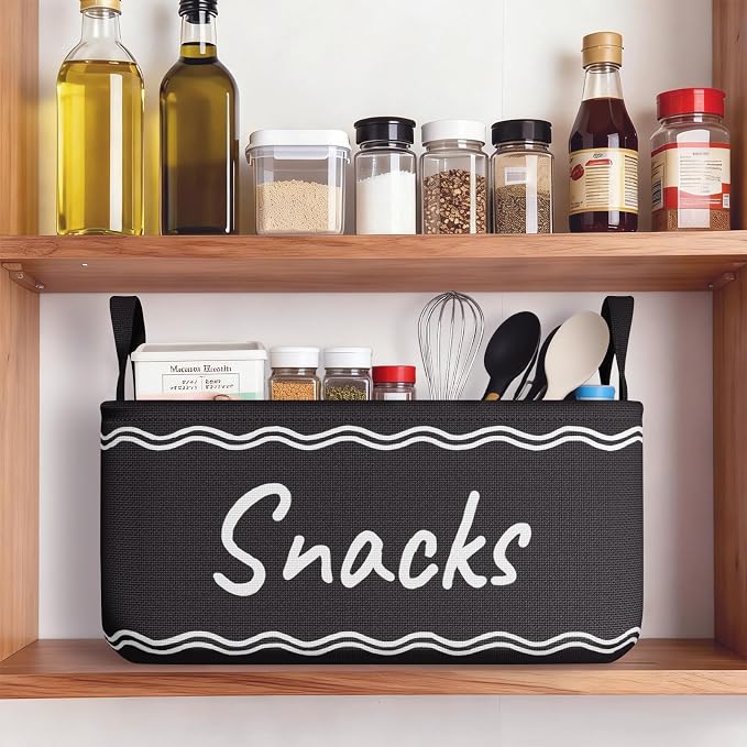 Snack Basket for Pantry & 5 Seal Clips - Snack Bin Organizer for Countertop - Imitation Linen Snack Storage Containers for Storing Chips, Pretzels, Cookies, Popcorn and more (1, Black)