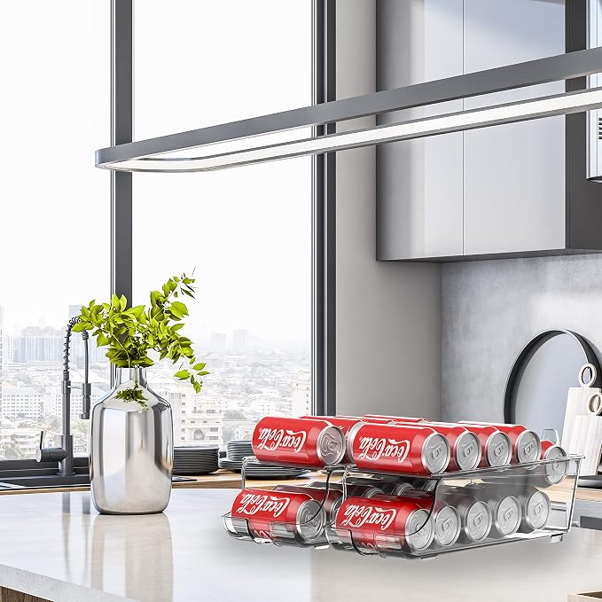 Simple Houseware 2-Pack Auto-Rolling Beverage Can Organizer for Fridge | Clear, Set of 2, Front-Loading Soda Dispenser with Smooth Glide Design, Space-Saving Refrigerator Storage Bins