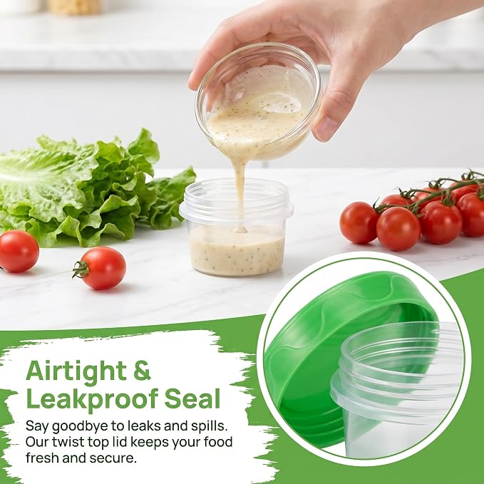 EONJOE 2oz Airtight Small Plastic Food Storage Containers with Lids, 12pcs | Dishwasher safe ,BPA free,Reusable,Round jars ,Perfect for salad dressing sauce condiments lunch to go