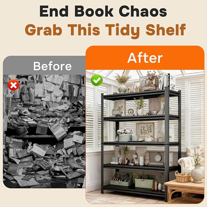 Deep Bookshelf for Storage, 5-Tier Tall Metal Bookcase, Heavy Duty Industrial Book Shelves for Large Books & Binders, 18-Inch Deep