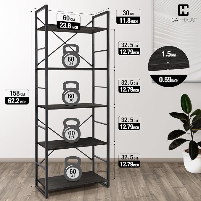CAPHAUS 5 Tier Bookshelf, 24 Inch Width Free Standing Shelf, Bookcase Shelf Storage Organizer, Industrial Book Shelves for Home Office, Living Room, Kitchen, Black Vintage Shelves & Metal Frame