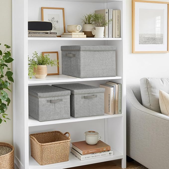 GRANNY SAYS Fabric Boxes with Lids, Storage Bins with Handles, Shelf Bins for Organizing, Extra Large Storage Boxes for Linens Clothes, Decorative Storage Containers, Gray, 3-Pack