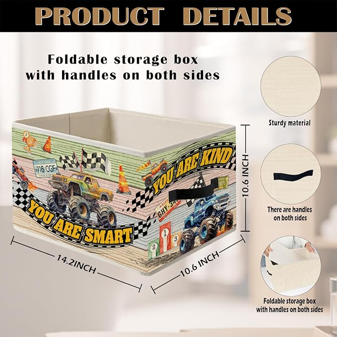 Big Wheel Truck Storage Bin Box with Handles, Kids Boys Inspirational Race Car Foldable Organizer Basket Toybox for Toddler Boys Kids Nursery Bedroom Playroom Clothes Toys Books