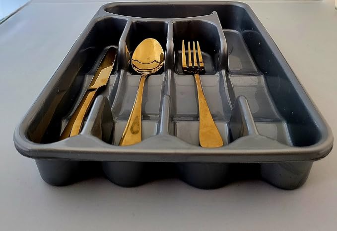 BLACK PEARL Utensil and Silverware Organizer tray for drawer with cover -Cutlery Flatware Organizer with lid - for kitchen drawer, BBQ, picnic, Covered flatware tray,5 Compartments - Plastic (SILVER)