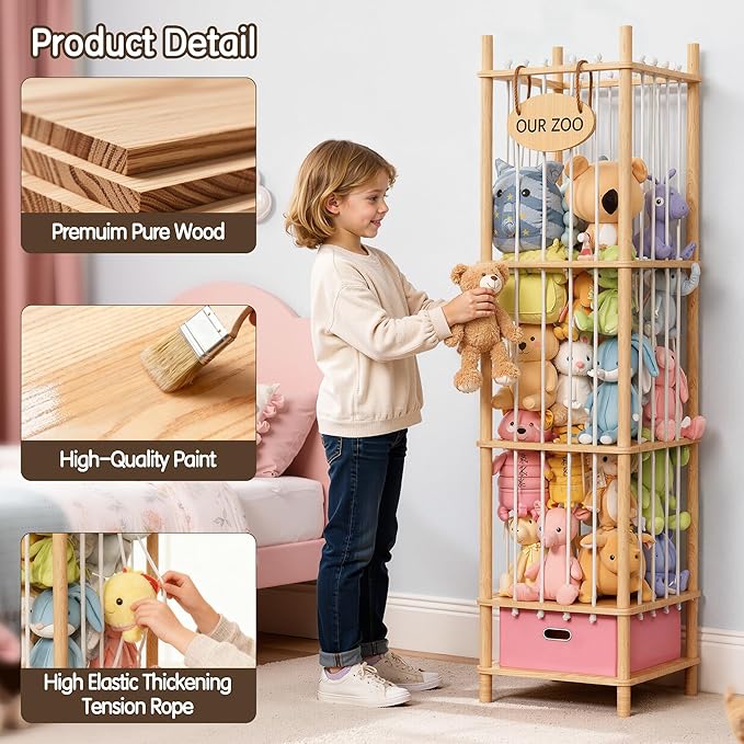 Brelley Stuffed Animal Storage Zoo Wood Toy Storage Organizer with Drawer, Large Toy Chest Stuffed animal holder for Kids Nursery Playroom Bedroom