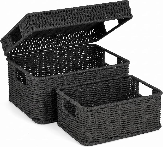 Wicker Storage Basket with Lid - Woven Basket for Storage,Rectangular Decorative Boxes Bins with Lids for Shelves,living room, Nursery, 2 baskets+1 lid(Black)
