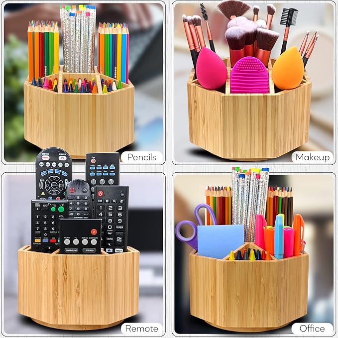 Bamboo Art Supply Organizer - Pencil & Pen Holder - Kids & Adults Desk Organizer - 8 Compartments