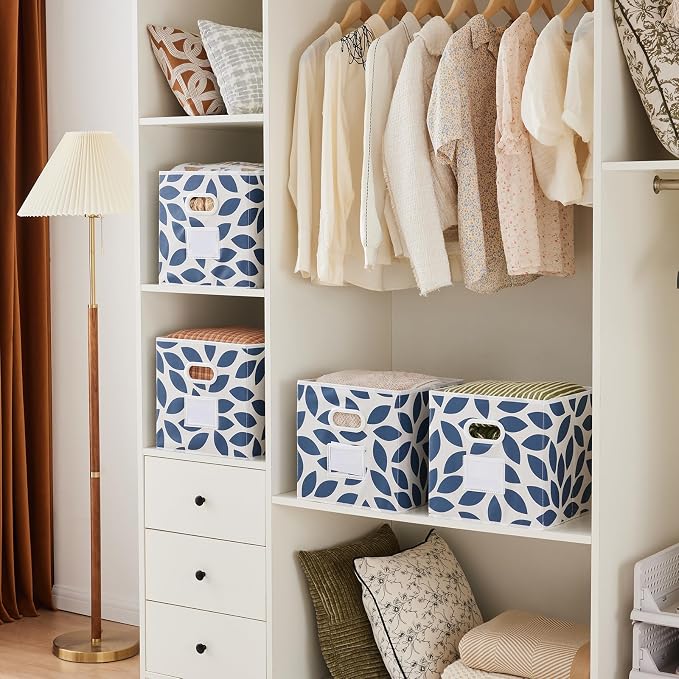 MAX Houser 6 Pack Foldable Fabric Storage Bins with Handles - Ideal for Closet Organization, Bedroom （Blue, 12"x12"x12"）