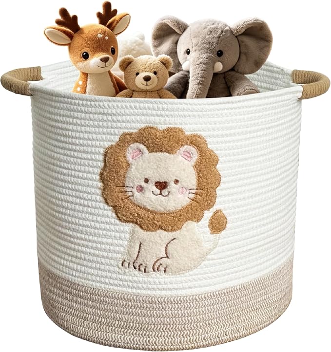 Cute Nursery Bin, Baby Toy Organizer (13.8"x13.8"), Storage Basket for Organizing, Woven Rope Basket for Shelves, Cute Baskets with Handle for Nursery, Playroom (Lion, Large)