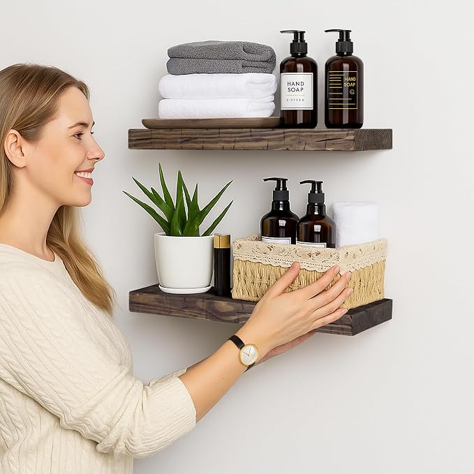 BGMG Wood Floating Shelves for wall 18 inch, Distressed Rustic Wooden Wall Mount Shelves for Bathroom Living Room Bedroom Kitchen Farmhouse Set of 2-18x6.7x1.25 inch-Distressed Walnut