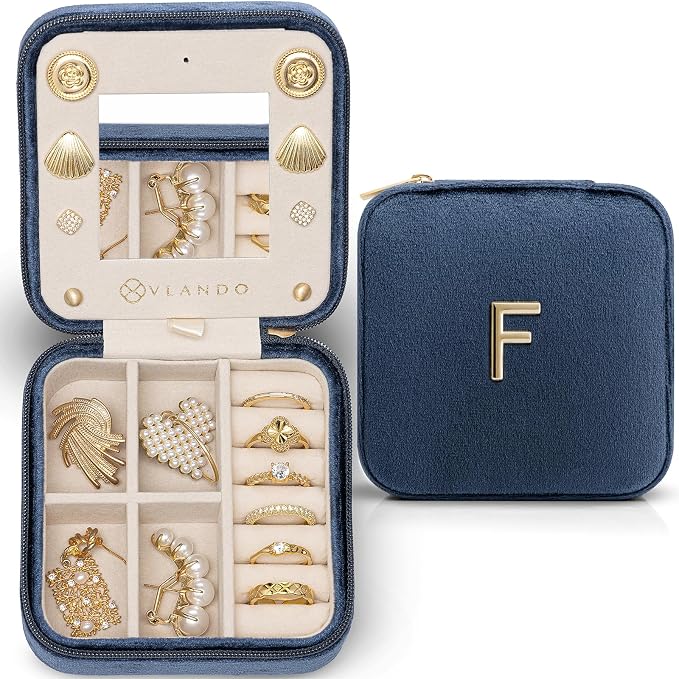 Vlando Jewelry Box for Aunt Gifts from Niece Nephew, Birthday Gifts for Aunt Auntie, Unique Gifts for Aunt Auntie Travel Jewelry Case, Auntie Gifts for Wedding Anniversary - Letter F, Dark Blue
