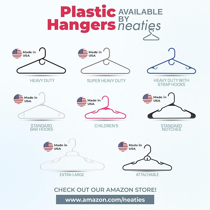 Plastic Hangers 100 Pack – Made in the USA – 6lb Capacity Standard Clothes Hangers with Strap Hooks for Dresses, Lingerie, Shirts, Pants, and Jackets – Blue