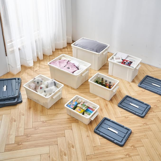 Cetomo Lidded Storage Bin with Handle, Tote Organizing Container with Wheels, Lid and Secure Latching Buckles, Stackable and Nestable, Plastic, 95 Quart-4 Pack, White