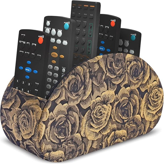 Remote Control Holder, PU Leather Remote Caddy Desktop Organizer with 5 Spacious Compartments for TV Remotes/Media Controllers/Office Supplies (1-3D Rose Yellow