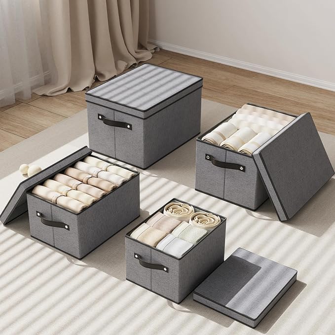 Storage Bins with Lid,Gray Baskets,16.5x11.8x10.2 In,3-Pack | Clothing Storage Boxes for Shoes Towels Books,Closet Organizers with Handles and PP Plastic Board,Fabric Cubes for Organizing
