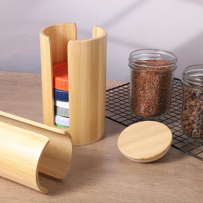 2Pcs Mason Jar Lid Organizer, Bamboo Vertical Storage Holder, Mason Jar Accessories, Bamboo Storage Holder for Home Kitchen Organization & Tumbler Lids (Wide Mouth & Regular Mouth)