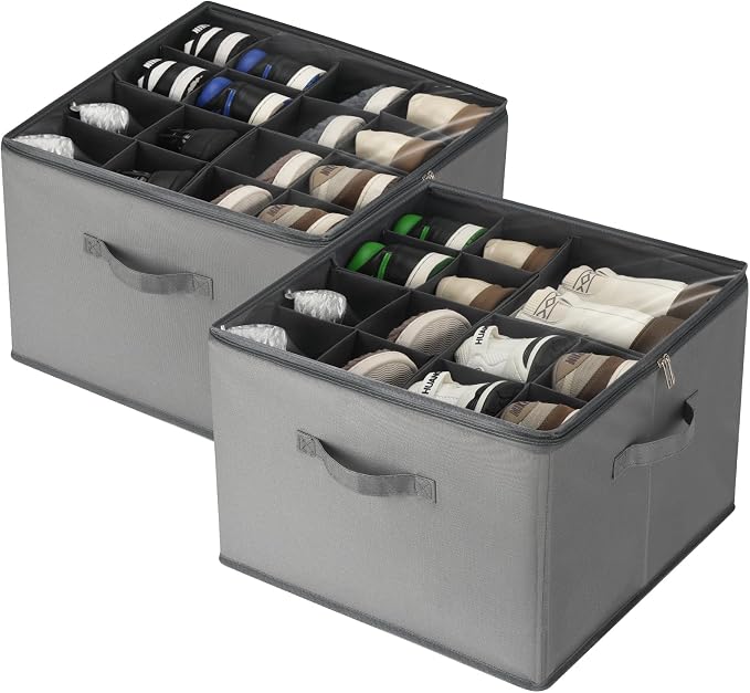 VZZNN Shoe Organizer for Closet, 2 Pack Foldable Shoe Storage Bins with Clear Cover and Adjustable Dividers, Fits up to 16 Pairs, Large Shoe Box Storage Containers with Reinforced Handles (grey)