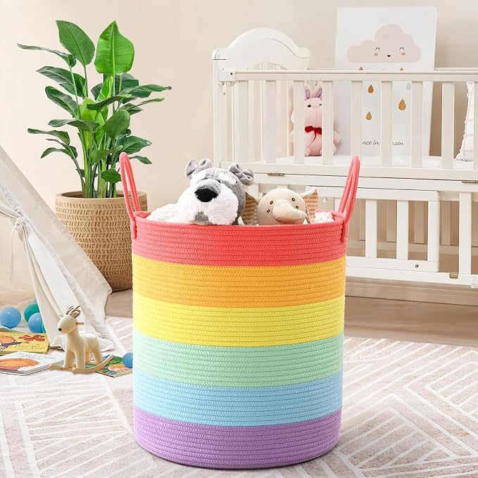 Laundry Hamper for Organizing, 52L Large Laundry Baskets, Cotton Rope Woven Blanket Basket, Collapsible Laundry Hamper for Living Room, Nursery, 15"×18", Rainbow