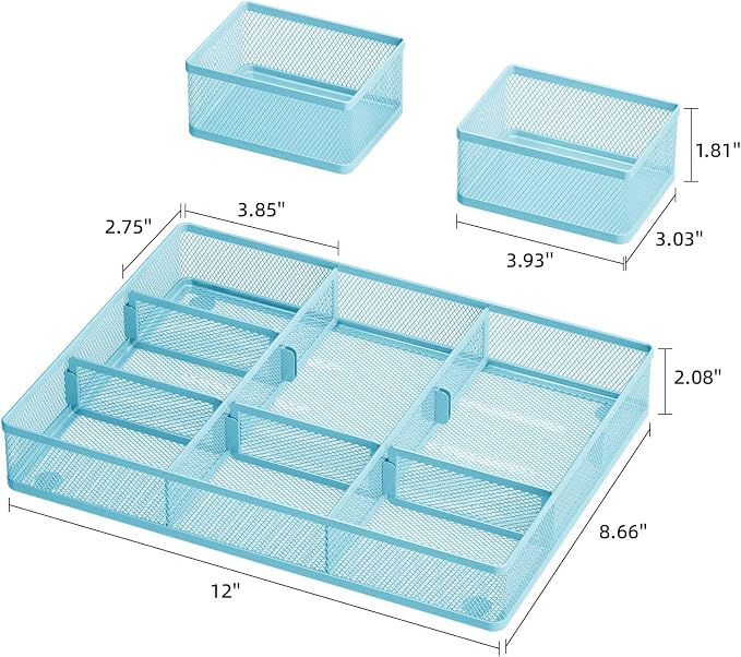 Marbrasse 3 Packs Desk Drawer Organizers, Metal Mesh Dividers with 9 Adjustable Compartments, Pen Organizer for Drawer Tray Box Accessories for Desktop,Kitchen, Makeup(Blue)
