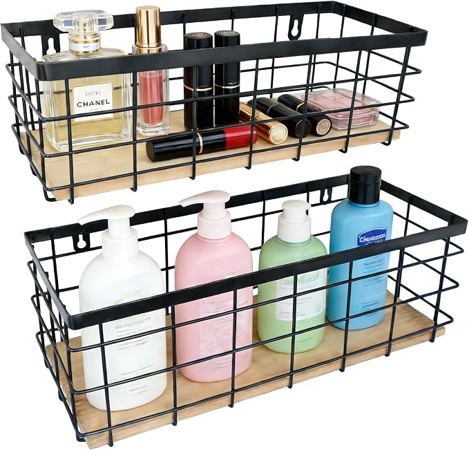 ShabbyDecor Metal Wire Basket for Kitchen Cabinet Pantry Bathroom Set of 2 | Detachable Wood Base, Farmhouse Hanging Basket, Storage Organizer for Kitchen, Cabinet, Bathroom, Pantry, Laundry Room