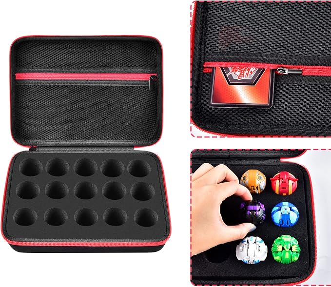 Comecase Hard Carrying Case Compatible with Bakugan Figures, Storage Organizer Box with 15 Foam Slots and Mesh Pocket for 60+ Cards, Travel Holder for Kids Toys (Case Only)- Black