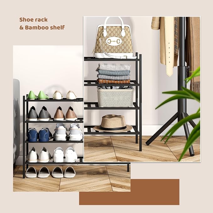 Bamboo Shoe Rack Stackable Shoe Shelf Storage Organizer for Unit Entryway Hallway and Closet Sturdy Freestanding Shoe Shelf (4L Tier Black)