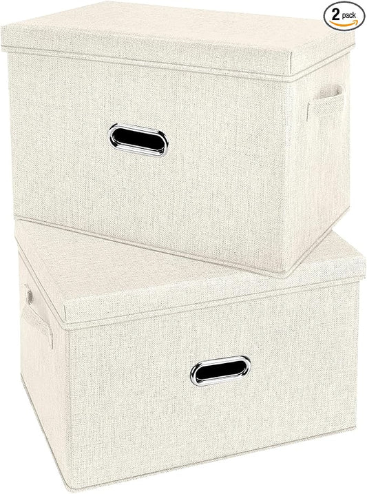 Large Linen Fabric Foldable Storage Bins with Removable Lid and Handles, Washable Storage Box Organizer Containers Baskets Cube with Cover for Bedroom,Office(Cream, Medium(2-Pack))