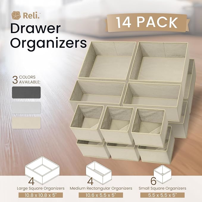 Reli. Drawer Organizers (14 Pack) | Storage Dividers, Dresser Dividers & Organization Bins for Clothes, Baby Nursery | Foldable Fabric Drawer Containers for Bras, Socks, Underwear (Beige)
