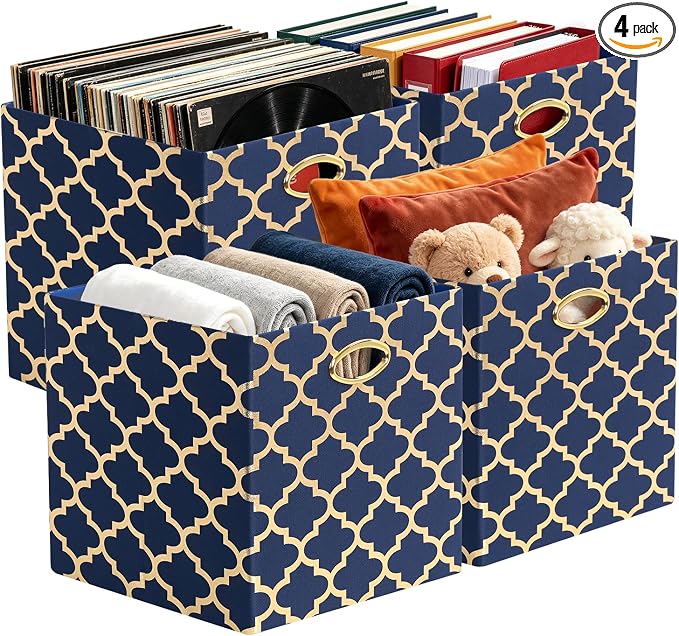 Posprica 13x13x13 Storage Cube Bins, Collapsible Storage Bins Fabric Storage Cubes Organizer Baskets Box Drawers for Shelves, Closet, Wardrobe, Bookshelf Blue/Gold Lantern, 4 Pack