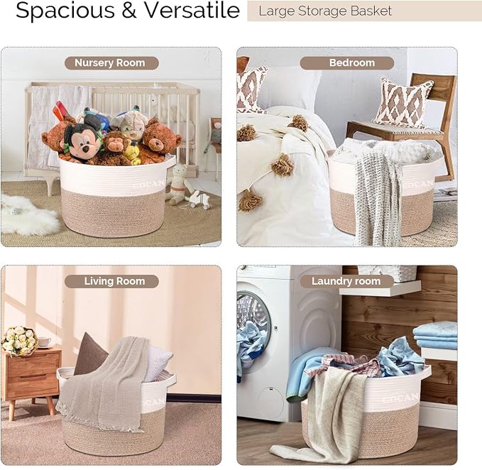 GOCAN Extra Large Laundry Basket toy storage 22"X22"X14" blanket basket Cotton Rope Woven Baskets with Handles for Living Room (Brown/Beige) XXXL