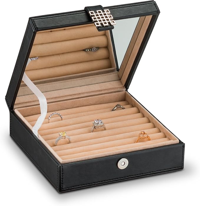 Glenor Co Ring Box Organizer - 54 Slot Classic Jewelry Display Case Holder - Storage Tray with Modern Buckle Closure, Large Mirror - Holds Rings and Cufflinks - Small for Travel - PU Leather - Black