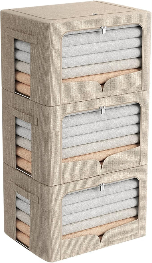FHSQX 3 Pack Clothes Storage Bins Foldable Metal Frame Storage Box Stackable Linen Fabric Organizer Set with Carrying Handles and Clear Window (Beige, 15.7x11.8x11.8inch(36L))