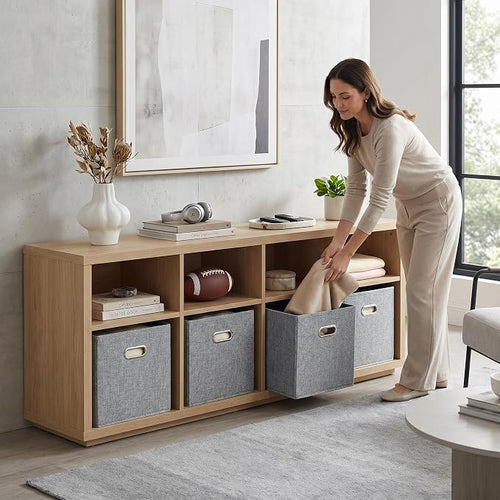 12x12 Gray Fabric Storage Cubes, 4 Pack – Foldable Linen-Look Cube Organizer Bins with Handles, Collapsible Cubby Baskets for Closet, Shelves, Nursery, Dorm Room & Kallax-Style Storage