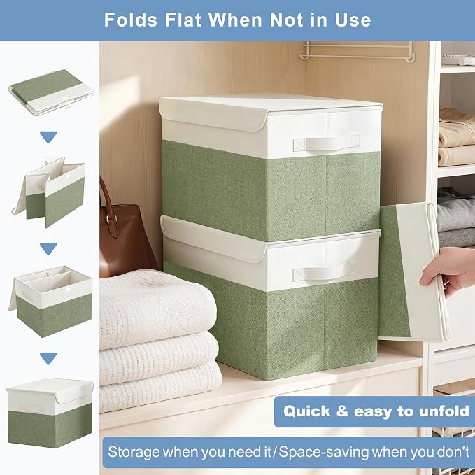 Bagnizer Large 22 Quart Linen Fabric Foldable Storage Bin Cube Organizer Basket with Flip-Top Lid & Handles, Clothes Blanket Box for Home, Office, Closet, Green & White, 4 Pack 14.6 x 9.5 x 9.5