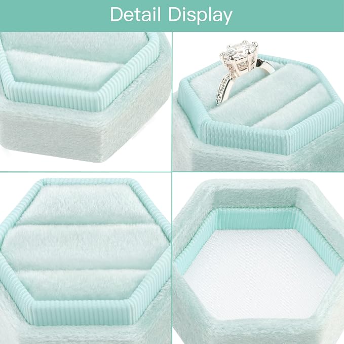 DesignSter Hexagon Velvet Ring Box - Premium Gorgeous Vintage Double Ring Display Holder with Detachable Lid for Proposal, Engagement, Wedding, Ceremony (Mint green)
