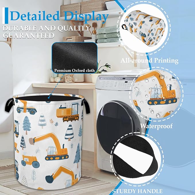 Cartoon Excavator Laundry Basket Collapsible Laundry Hamper Clothes Storage Bin for Bathroom Bedroom Room Decor 16" X 20.8"