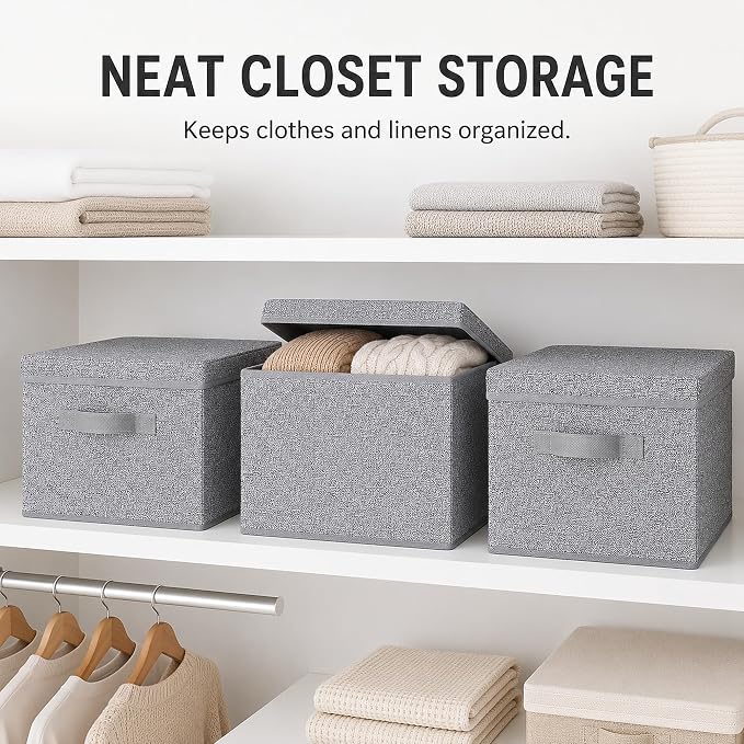 WUIKE Foldable Storage Bins with Lids, Storage Boxes with Handles, Closet Shelf Organizer, Fabric Storage Baskets for Bedroom, Decorative Storage Containers, Large, Ash Gray, 3-Pack