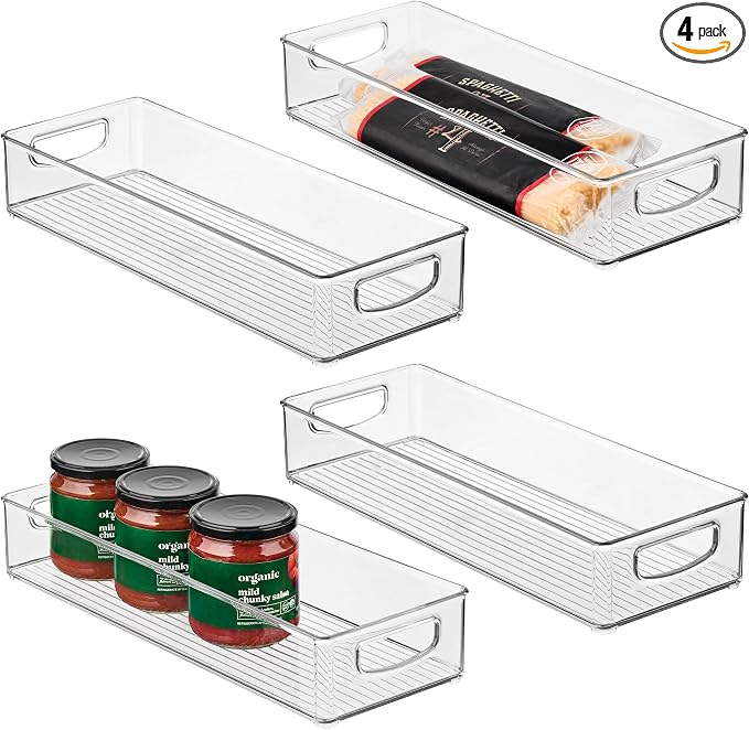 iDesign Slim Extra Long Clear Storage Bin, 4-Pack | Narrow, Stackable, Kitchen or Pantry Organizer